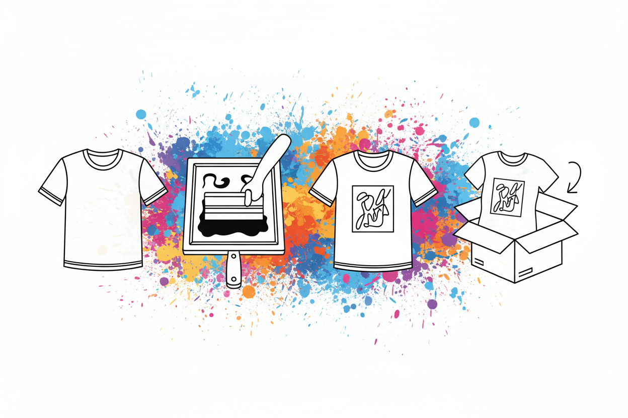 a simple line drawing to represent the assembly line of a custom printed shirt from start to screenprinting to finishing in a shipping box (left to right) and a colorful background/splash of colors